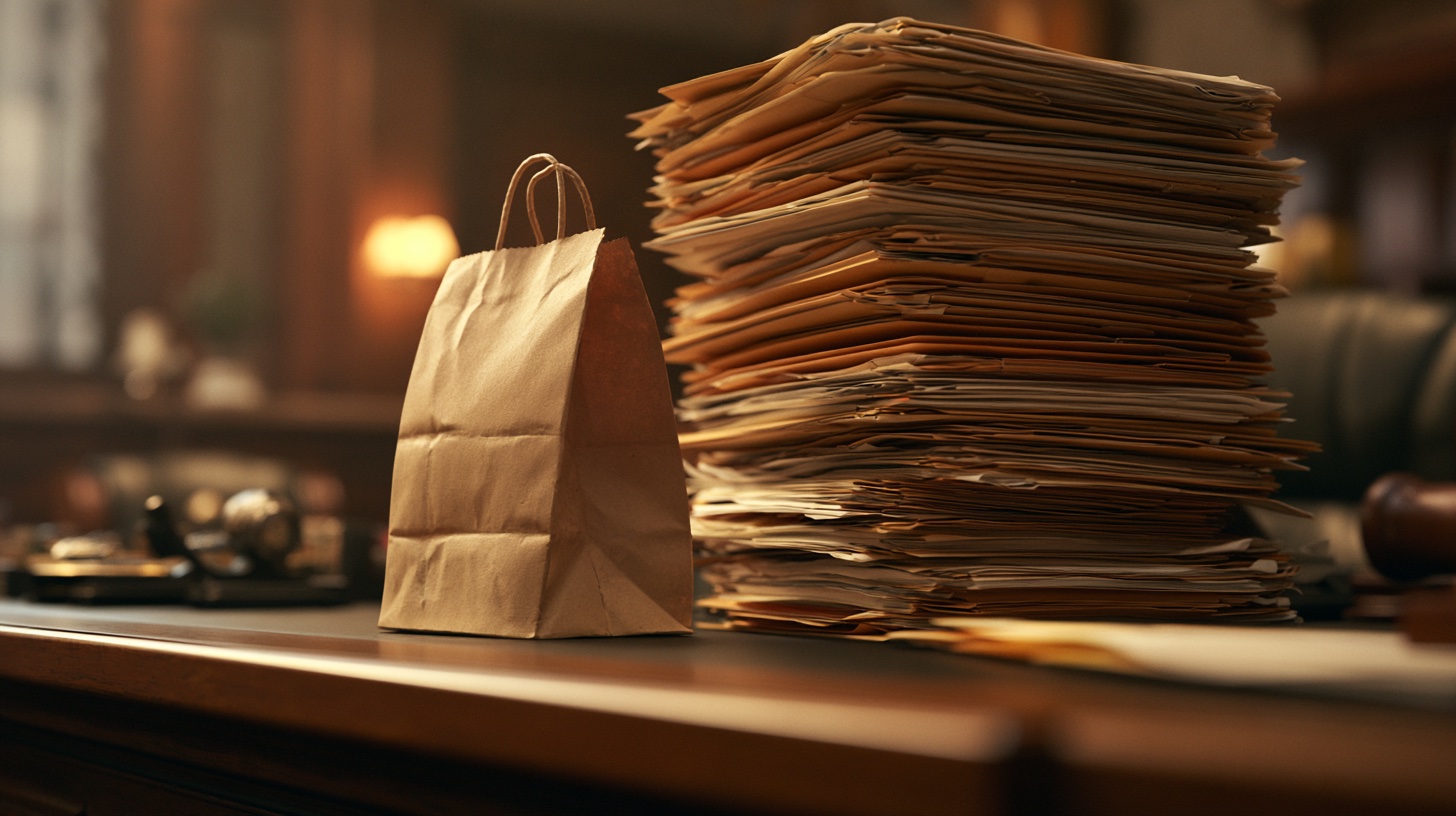A small takeaway bag facing a towering stack of legal documents
