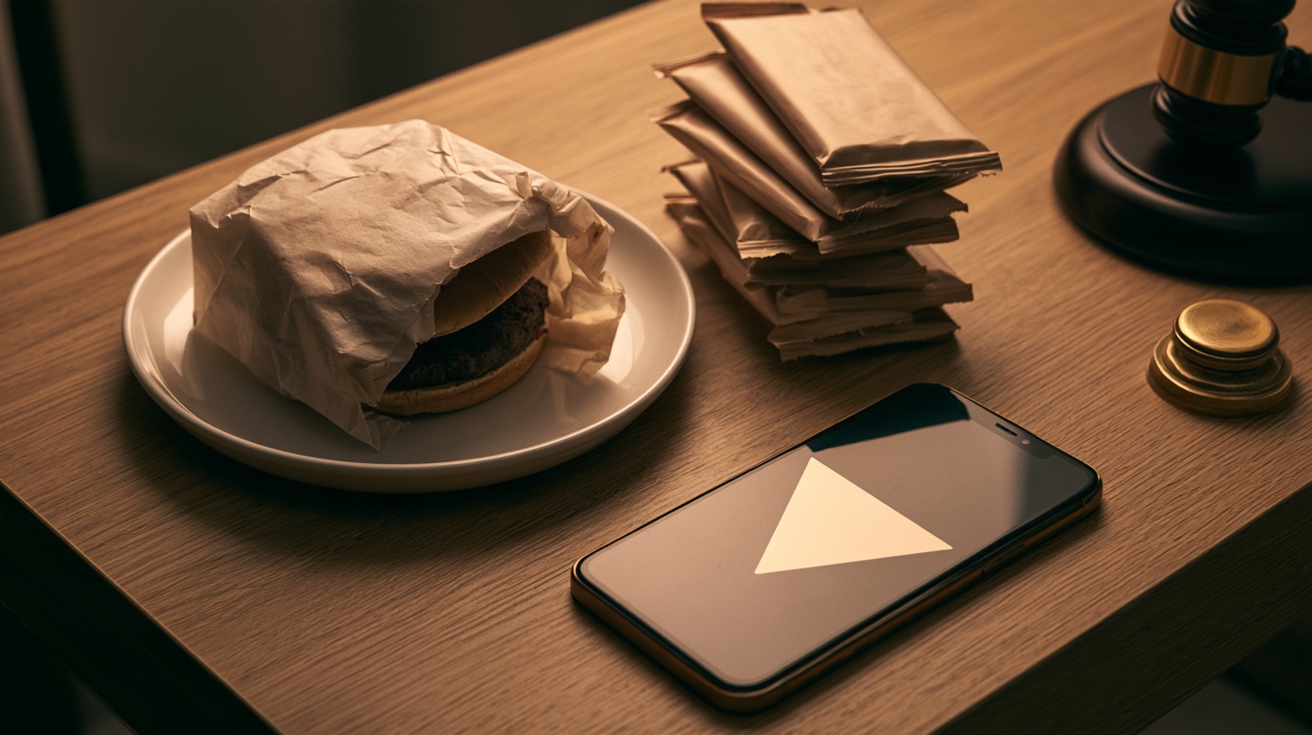 A burger, a stack of unbranded snack bars and a phone showing a play button, beside a gavel.