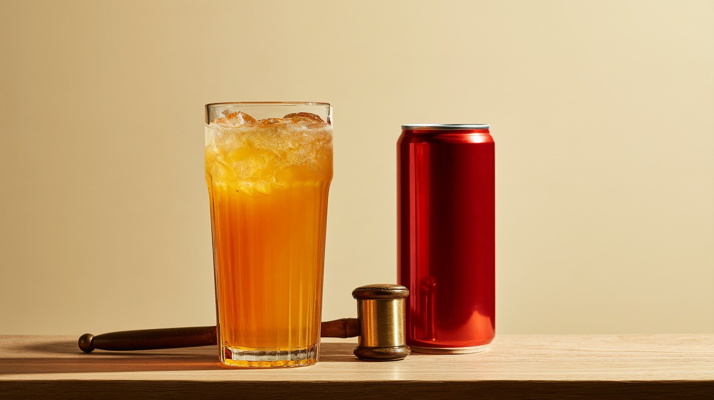 A glass of squash and an unlabelled red can either side of a small gavel.